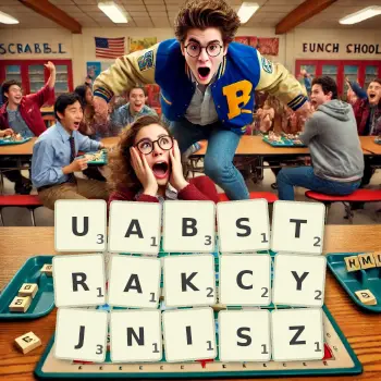 Kreatywna ilustracja do gry w Scrabble ze słowem UABSTRAKCYJNISZ ułożonym z płytek na planszy.