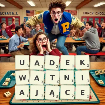 Kreatywna ilustracja do gry w Scrabble ze słowem UADEKWATNIAJĄCE ułożonym z płytek na planszy.