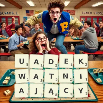 Kreatywna ilustracja do gry w Scrabble ze słowem UADEKWATNIAJĄCY ułożonym z płytek na planszy.