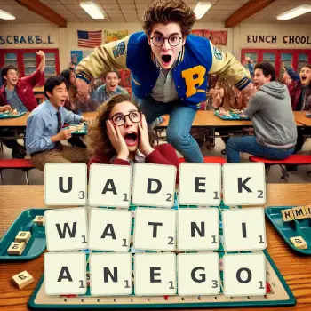 Kreatywna ilustracja do gry w Scrabble ze słowem UADEKWATNIANEGO ułożonym z płytek na planszy.