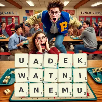 Kreatywna ilustracja do gry w Scrabble ze słowem UADEKWATNIANEMU ułożonym z płytek na planszy.