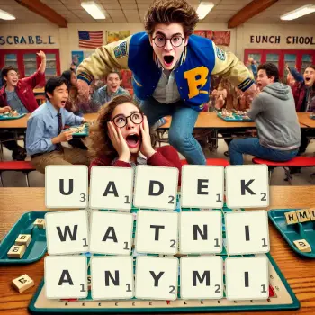 Kreatywna ilustracja do gry w Scrabble ze słowem UADEKWATNIANYMI ułożonym z płytek na planszy.