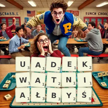 Kreatywna ilustracja do gry w Scrabble ze słowem UADEKWATNIAŁBYŚ ułożonym z płytek na planszy.