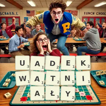 Kreatywna ilustracja do gry w Scrabble ze słowem UADEKWATNIAŁY ułożonym z płytek na planszy.