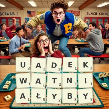 Kreatywna ilustracja do gry w Scrabble ze słowem UADEKWATNIAŁYBY ułożonym z płytek na planszy.