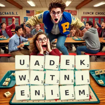 Kreatywna ilustracja do gry w Scrabble ze słowem UADEKWATNIENIEM ułożonym z płytek na planszy.