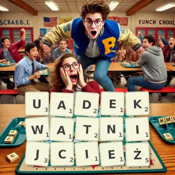 Kreatywna ilustracja do gry w Scrabble ze słowem UADEKWATNIJCIEŻ ułożonym z płytek na planszy.