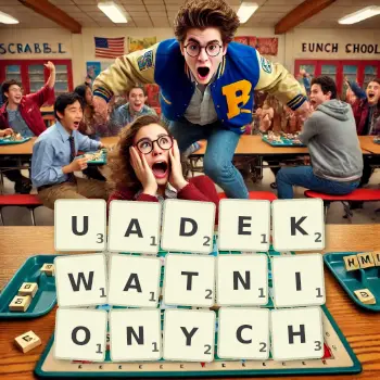 Kreatywna ilustracja do gry w Scrabble ze słowem UADEKWATNIONYCH ułożonym z płytek na planszy.