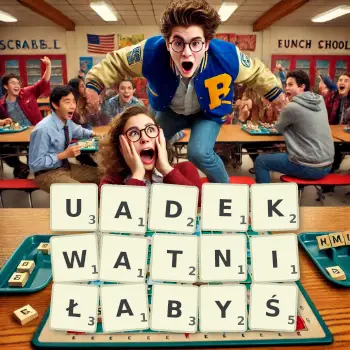 Kreatywna ilustracja do gry w Scrabble ze słowem UADEKWATNIŁABYŚ ułożonym z płytek na planszy.