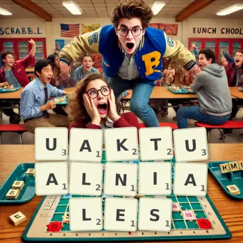 Kreatywna ilustracja do gry w Scrabble ze słowem UAKTUALNIALES ułożonym z płytek na planszy.