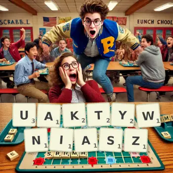 Kreatywna ilustracja do gry w Scrabble ze słowem UAKTYWNIASZ ułożonym z płytek na planszy.