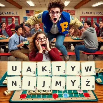 Kreatywna ilustracja do gry w Scrabble ze słowem UAKTYWNIJMYŻ ułożonym z płytek na planszy.