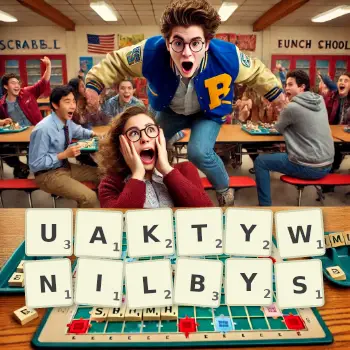 Kreatywna ilustracja do gry w Scrabble ze słowem UAKTYWNILBYS ułożonym z płytek na planszy.