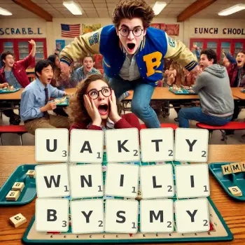 Kreatywna ilustracja do gry w Scrabble ze słowem UAKTYWNILIBYSMY ułożonym z płytek na planszy.