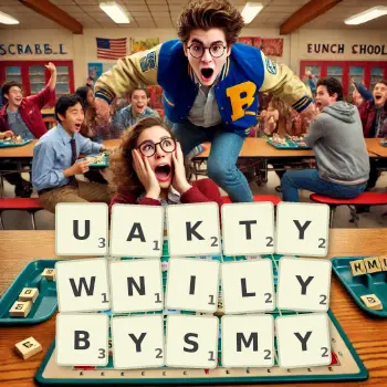 Kreatywna ilustracja do gry w Scrabble ze słowem UAKTYWNILYBYSMY ułożonym z płytek na planszy.