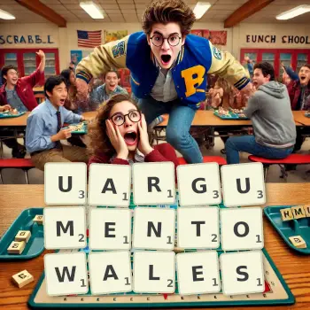 Kreatywna ilustracja do gry w Scrabble ze słowem UARGUMENTOWALES ułożonym z płytek na planszy.