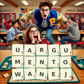 Kreatywna ilustracja do gry w Scrabble ze słowem UARGUMENTOWANEJ ułożonym z płytek na planszy.