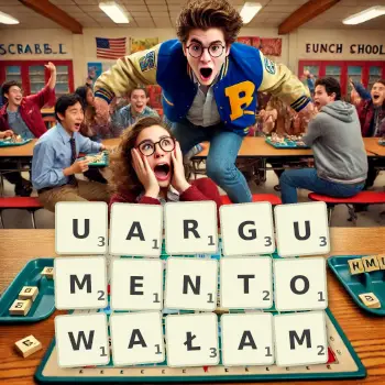 Kreatywna ilustracja do gry w Scrabble ze słowem UARGUMENTOWAŁAM ułożonym z płytek na planszy.