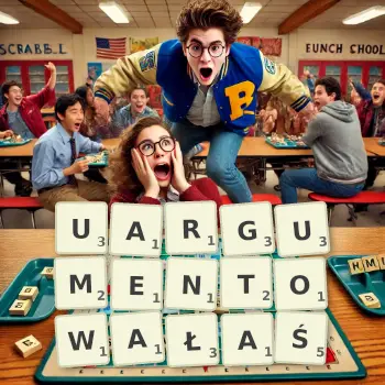 Kreatywna ilustracja do gry w Scrabble ze słowem UARGUMENTOWAŁAŚ ułożonym z płytek na planszy.