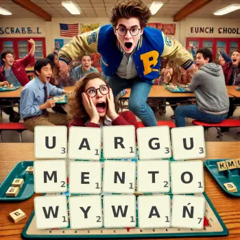 Kreatywna ilustracja do gry w Scrabble ze słowem UARGUMENTOWYWAŃ ułożonym z płytek na planszy.