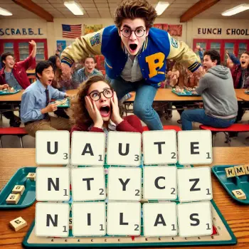 Kreatywna ilustracja do gry w Scrabble ze słowem UAUTENTYCZNILAS ułożonym z płytek na planszy.