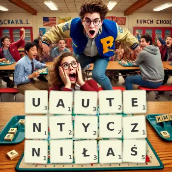 Kreatywna ilustracja do gry w Scrabble ze słowem UAUTENTYCZNIŁAŚ ułożonym z płytek na planszy.