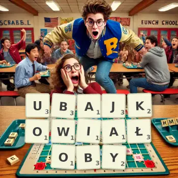 Kreatywna ilustracja do gry w Scrabble ze słowem UBAJKOWIAŁOBY ułożonym z płytek na planszy.