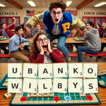 Kreatywna ilustracja do gry w Scrabble ze słowem UBANKOWILBYS ułożonym z płytek na planszy.