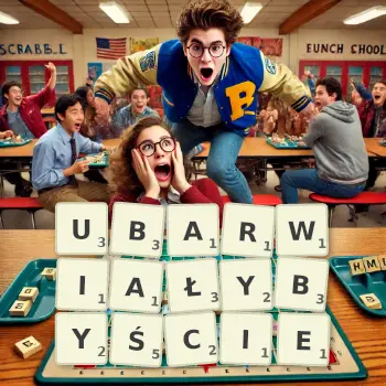 Kreatywna ilustracja do gry w Scrabble ze słowem UBARWIAŁYBYŚCIE ułożonym z płytek na planszy.