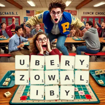 Kreatywna ilustracja do gry w Scrabble ze słowem UBERYZOWALIBY ułożonym z płytek na planszy.