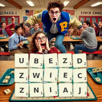 Kreatywna ilustracja do gry w Scrabble ze słowem UBEZDZWIECZNIAJ ułożonym z płytek na planszy.