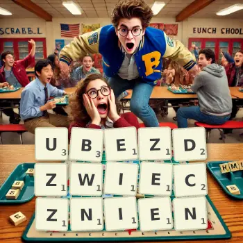 Kreatywna ilustracja do gry w Scrabble ze słowem UBEZDZWIECZNIEN ułożonym z płytek na planszy.