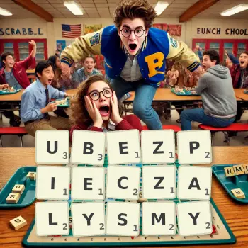 Kreatywna ilustracja do gry w Scrabble ze słowem UBEZPIECZALYSMY ułożonym z płytek na planszy.