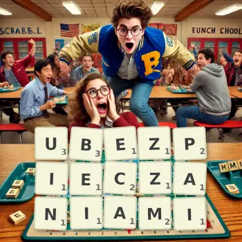 Kreatywna ilustracja do gry w Scrabble ze słowem UBEZPIECZANIAMI ułożonym z płytek na planszy.