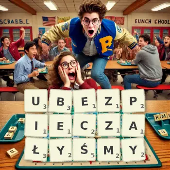 Kreatywna ilustracja do gry w Scrabble ze słowem UBEZPIECZAŁYŚMY ułożonym z płytek na planszy.