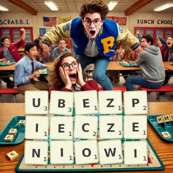 Kreatywna ilustracja do gry w Scrabble ze słowem UBEZPIECZENIOWI ułożonym z płytek na planszy.