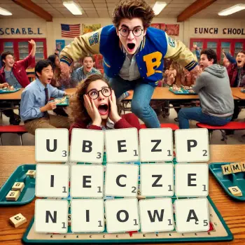 Kreatywna ilustracja do gry w Scrabble ze słowem UBEZPIECZENIOWĄ ułożonym z płytek na planszy.