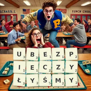 Kreatywna ilustracja do gry w Scrabble ze słowem UBEZPIECZYŁYŚMY ułożonym z płytek na planszy.