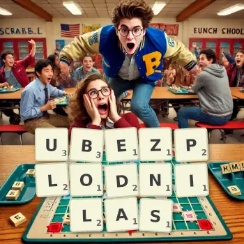 Kreatywna ilustracja do gry w Scrabble ze słowem UBEZPLODNILAS ułożonym z płytek na planszy.