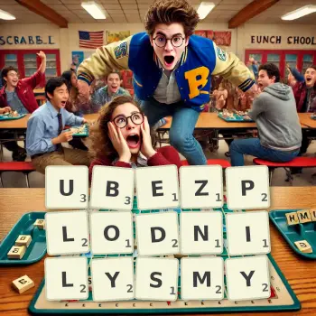 Kreatywna ilustracja do gry w Scrabble ze słowem UBEZPLODNILYSMY ułożonym z płytek na planszy.