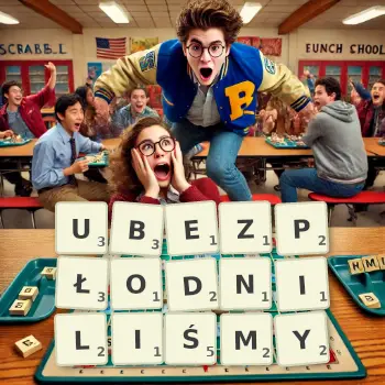 Kreatywna ilustracja do gry w Scrabble ze słowem UBEZPŁODNILIŚMY ułożonym z płytek na planszy.