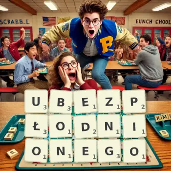 Kreatywna ilustracja do gry w Scrabble ze słowem UBEZPŁODNIONEGO ułożonym z płytek na planszy.