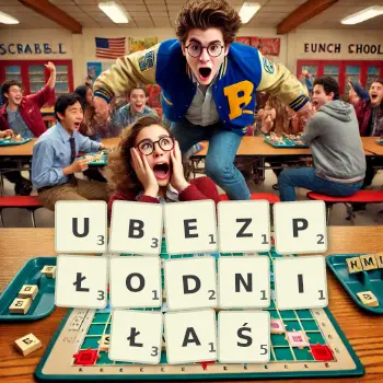 Kreatywna ilustracja do gry w Scrabble ze słowem UBEZPŁODNIŁAŚ ułożonym z płytek na planszy.