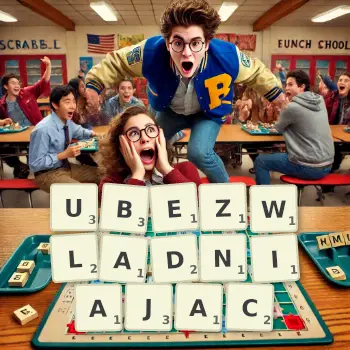 Kreatywna ilustracja do gry w Scrabble ze słowem UBEZWLADNIAJAC ułożonym z płytek na planszy.