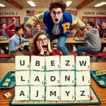 Kreatywna ilustracja do gry w Scrabble ze słowem UBEZWLADNIAJMYZ ułożonym z płytek na planszy.