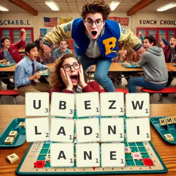 Kreatywna ilustracja do gry w Scrabble ze słowem UBEZWLADNIANE ułożonym z płytek na planszy.