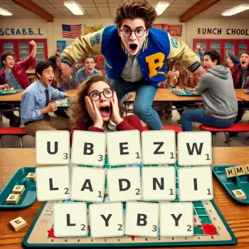 Kreatywna ilustracja do gry w Scrabble ze słowem UBEZWLADNILYBY ułożonym z płytek na planszy.