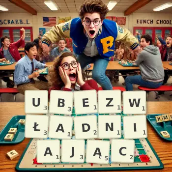 Kreatywna ilustracja do gry w Scrabble ze słowem UBEZWŁADNIAJĄC ułożonym z płytek na planszy.