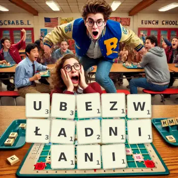 Kreatywna ilustracja do gry w Scrabble ze słowem UBEZWŁADNIANI ułożonym z płytek na planszy.