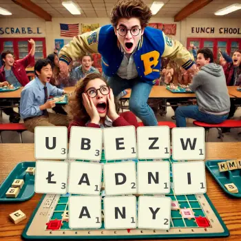 Kreatywna ilustracja do gry w Scrabble ze słowem UBEZWŁADNIANY ułożonym z płytek na planszy.